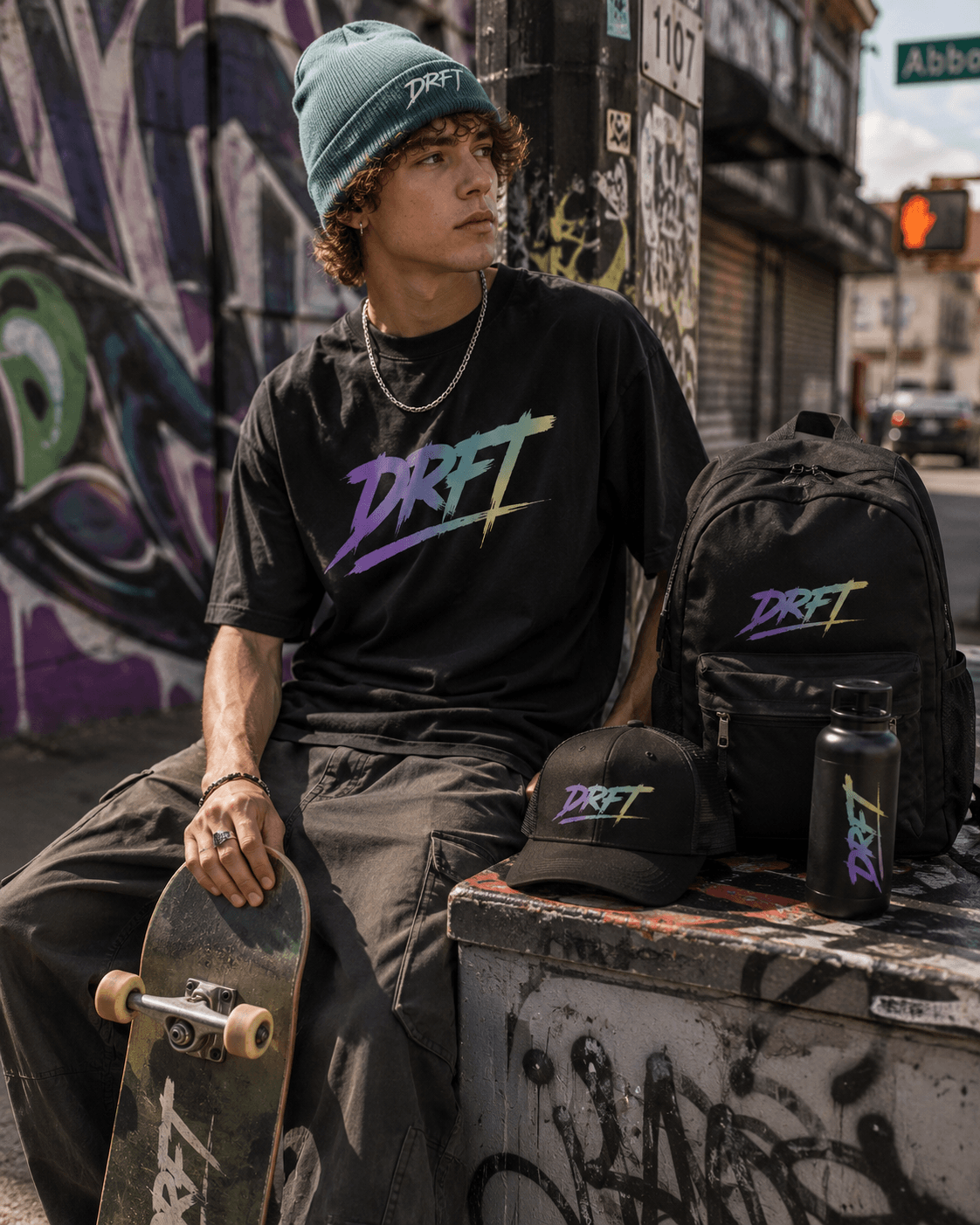 Skater sitting near graffiti with black creator merch