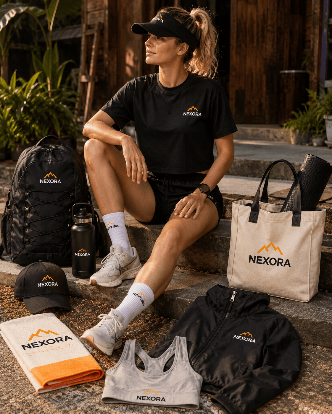 Woman wearing black outdoor lifestyle apparel with bags