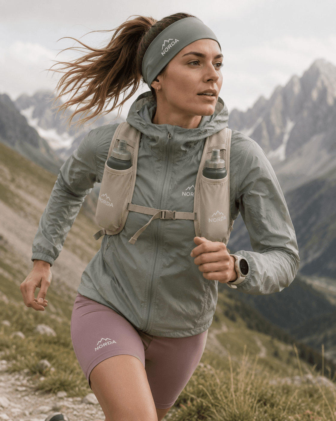 Runner wearing muted green trail gear in the mountains