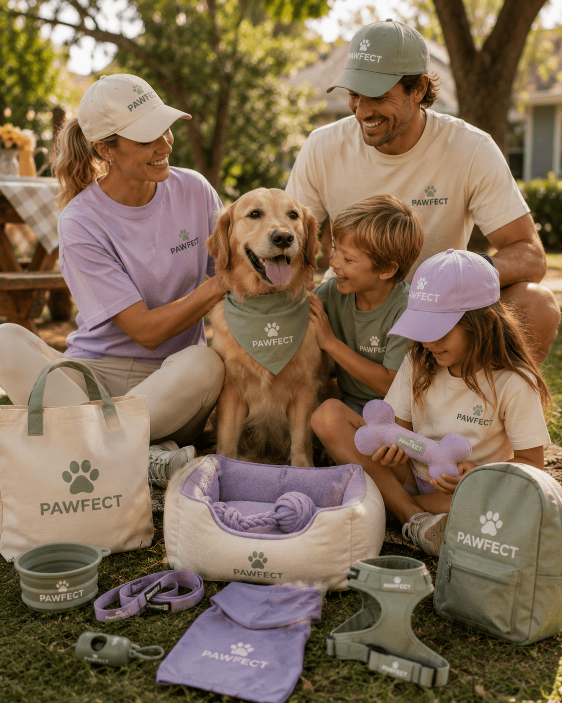 Family and dog wearing soft pet lifestyle products