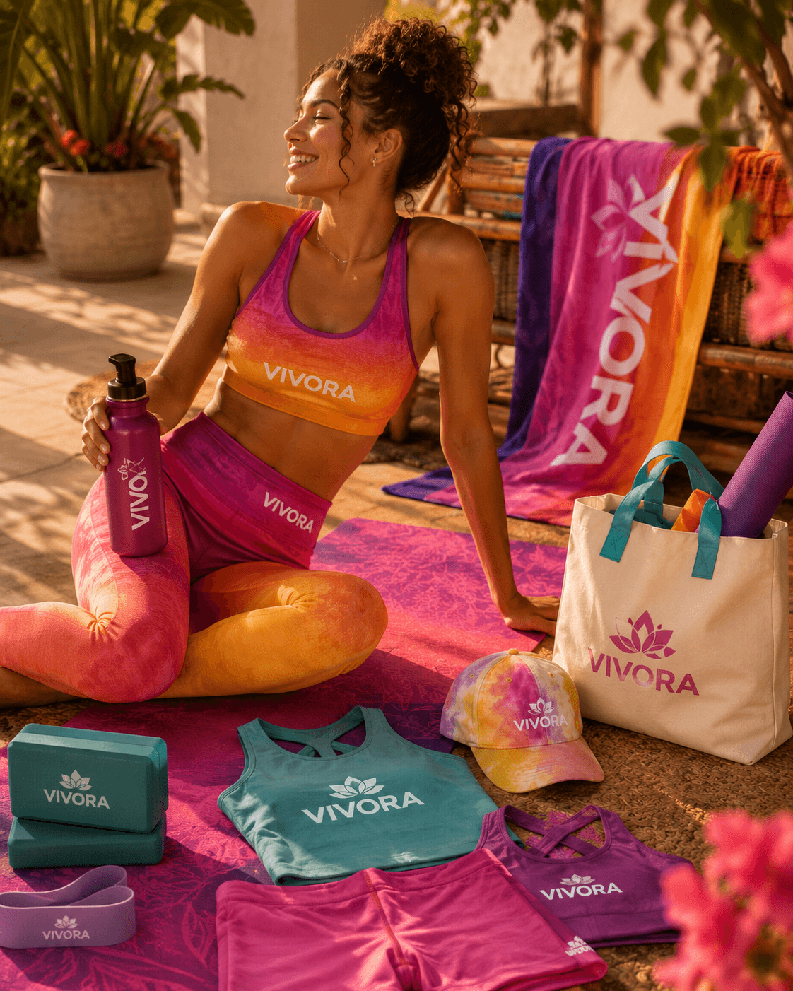 Woman in colorful yoga apparel with mats and accessories