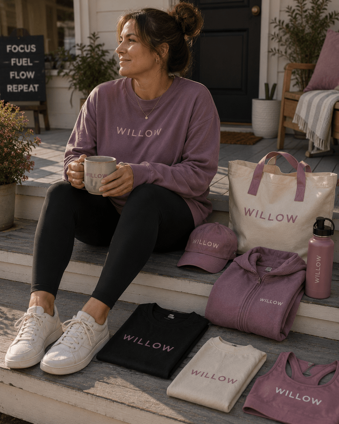 Woman on a porch with mauve lifestyle merch
